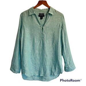 Tahari Small Linen Tunic Blouse Blue Roll Tab Sleeves Collared